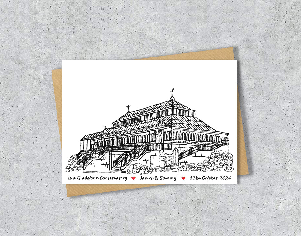 Wedding / Anniversary card with a black and white textile illustration of Isla Gladstone Conservatory Liverpool with personalised text.