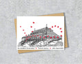 Wedding / Anniversary card with a black and white textile illustration of Isla Gladstone Conservatory Liverpool and red hearts with personalised text.