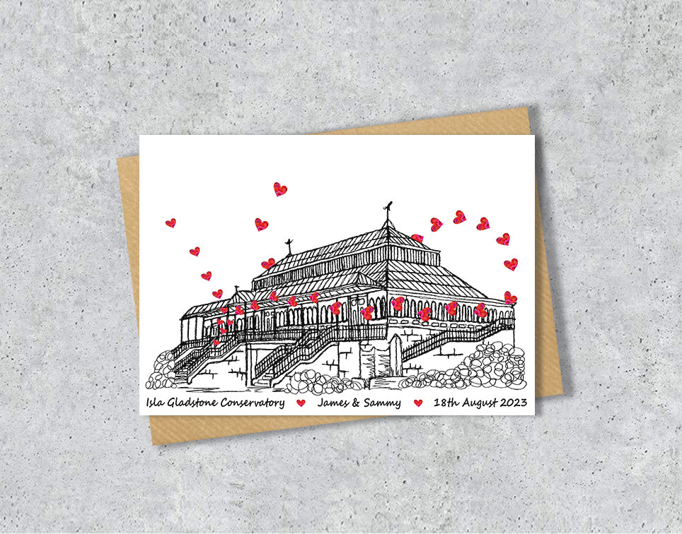 Wedding / Anniversary card with a black and white textile illustration of Isla Gladstone Conservatory Liverpool and red hearts with personalised text.