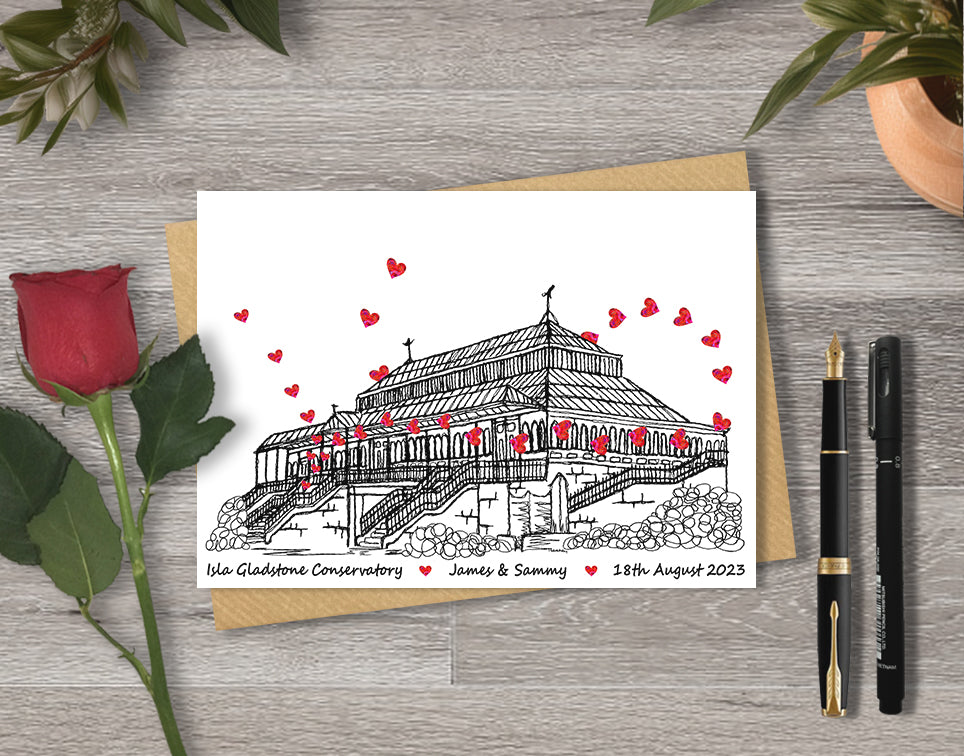 Wedding / Anniversary card with a black and white textile illustration of Isla Gladstone Conservatory Liverpool and red hearts with personalised text.