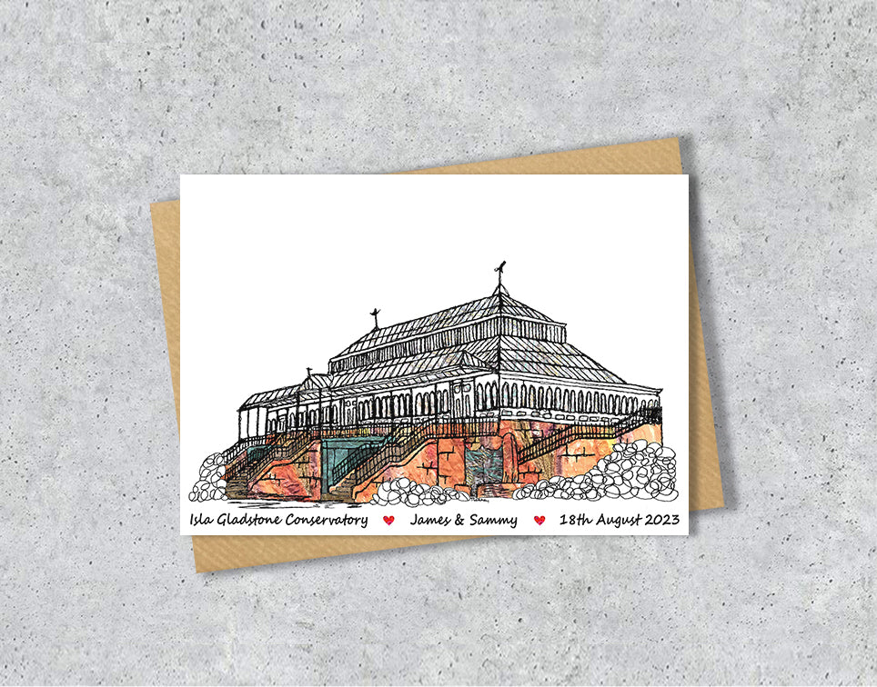 Wedding / Anniversary card with a textile illustration of Isla Gladstone Conservatory Liverpool with personalised text.