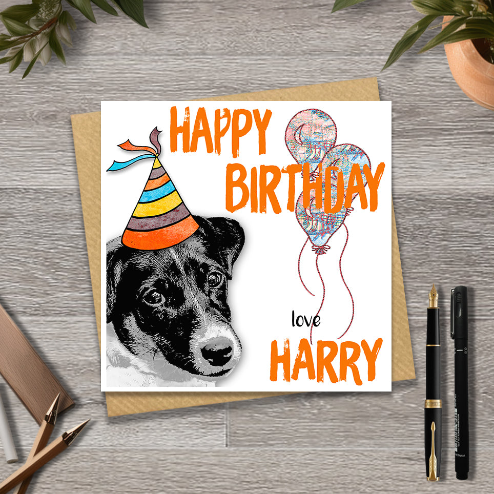 Birthday card with a Jack Russell wearing a party hat and balloons, with personalised text.