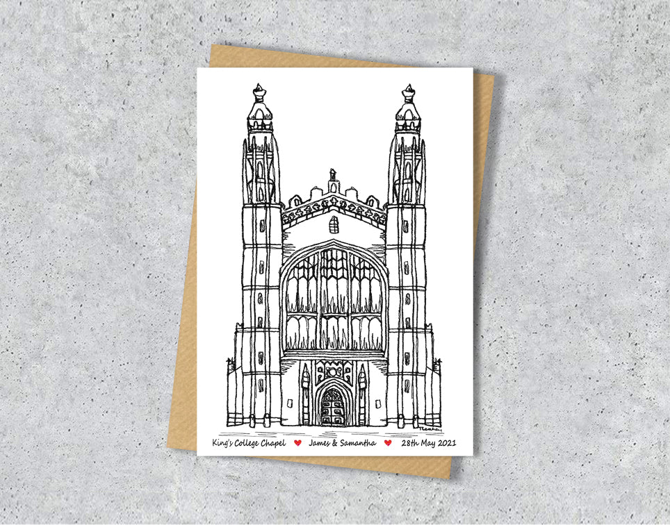 Wedding / Anniversary card with a black and white textile illustration of King's College Cambridge with personalised text.