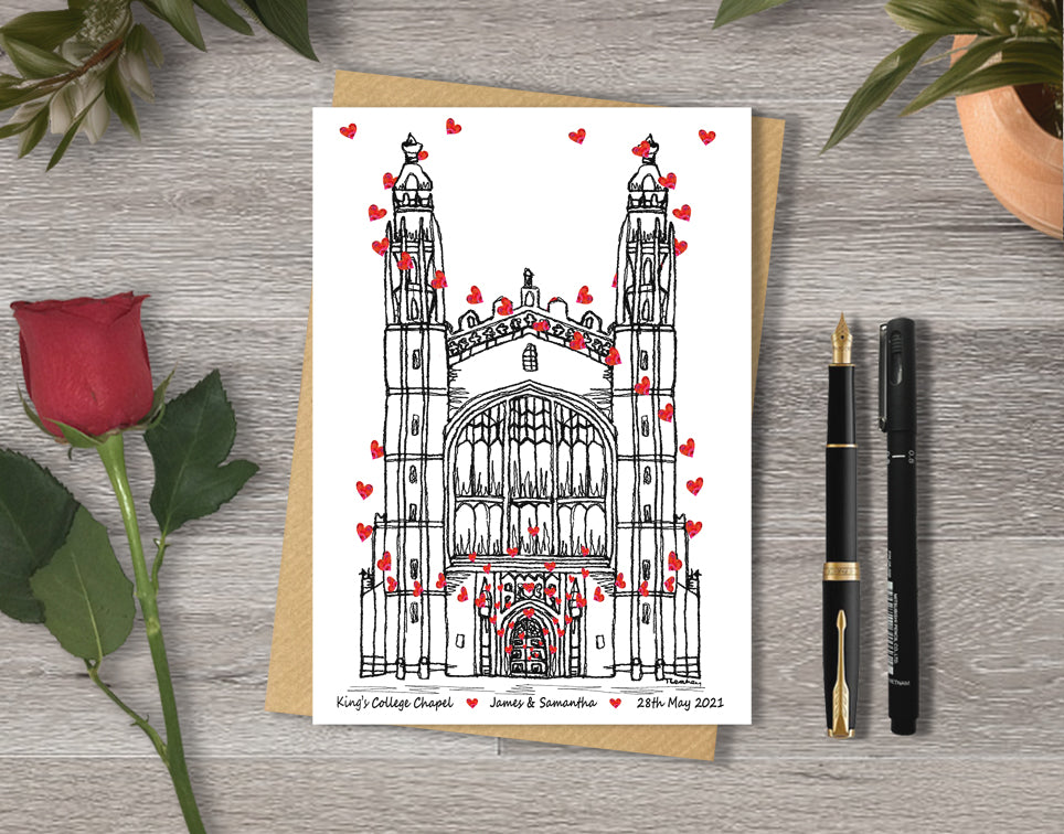Wedding / Anniversary card with a black and white textile illustration of King's College Cambridge and red hearts with personalised text.