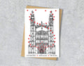 Wedding / Anniversary card with a black and white textile illustration of King's College Cambridge and red hearts with personalised text.