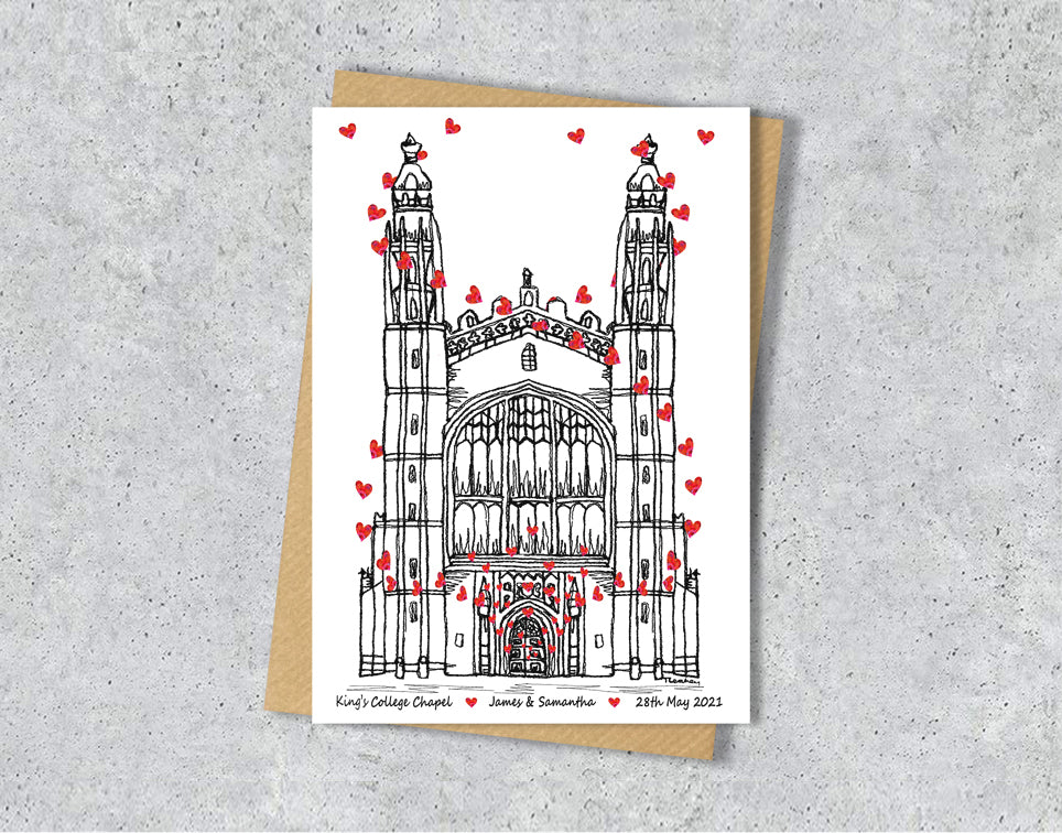 Wedding / Anniversary card with a black and white textile illustration of King's College Cambridge and red hearts with personalised text.