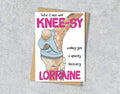 Get well card with a knee replacement illustration saying "Take it nice and knee-sy" with personalised text.