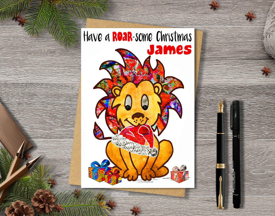 Lion Christmas Card, A5 Personalised Greeting Card