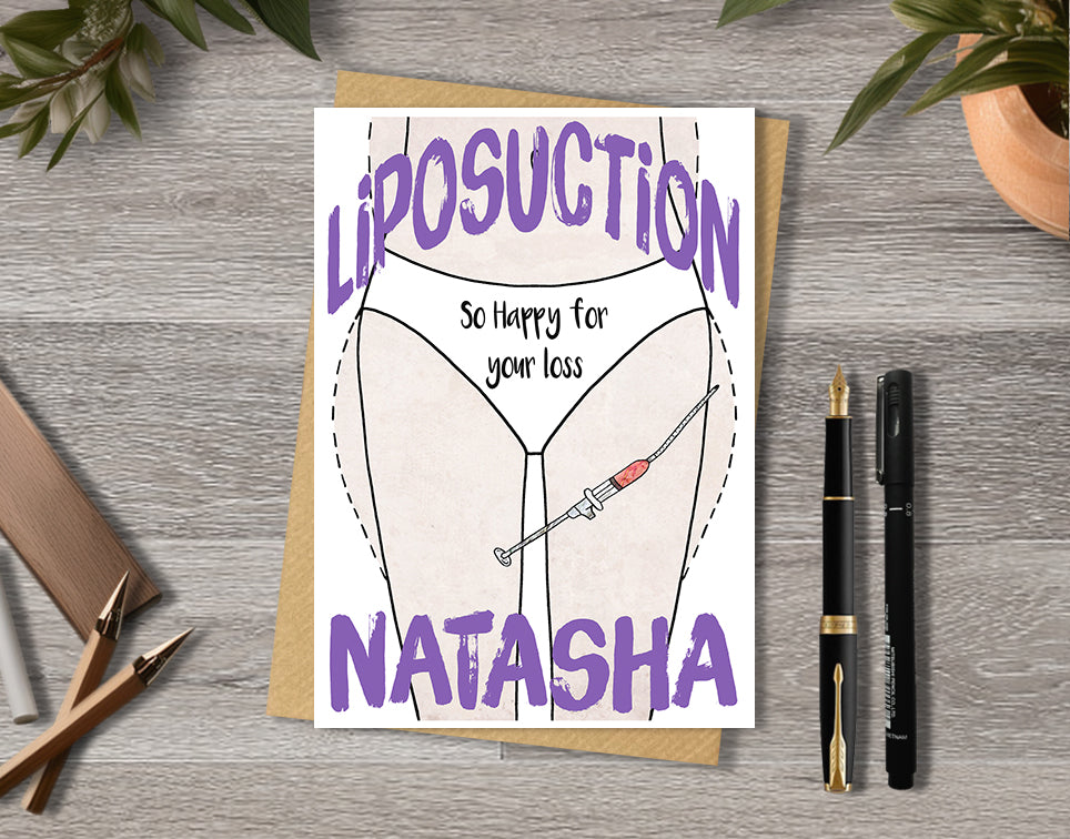 Greeting card with a Liposuction illustration saying "So happy for your loss" with personalised text.