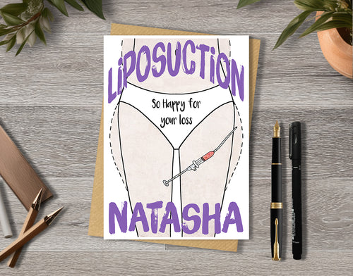Greeting card with a Liposuction illustration saying "So happy for your loss" with personalised text.