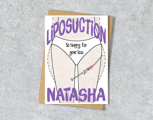 Greeting card with a Liposuction illustration saying "So happy for your loss" with personalised text.
