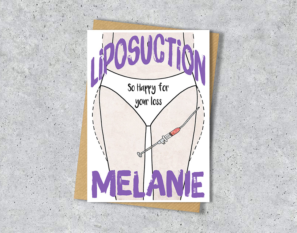 Greeting card with a Liposuction illustration saying "So happy for your loss" with personalised text.