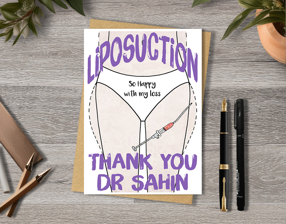 Thank you card with a Liposuction illustration saying "So happy with my loss" with personalised text.
