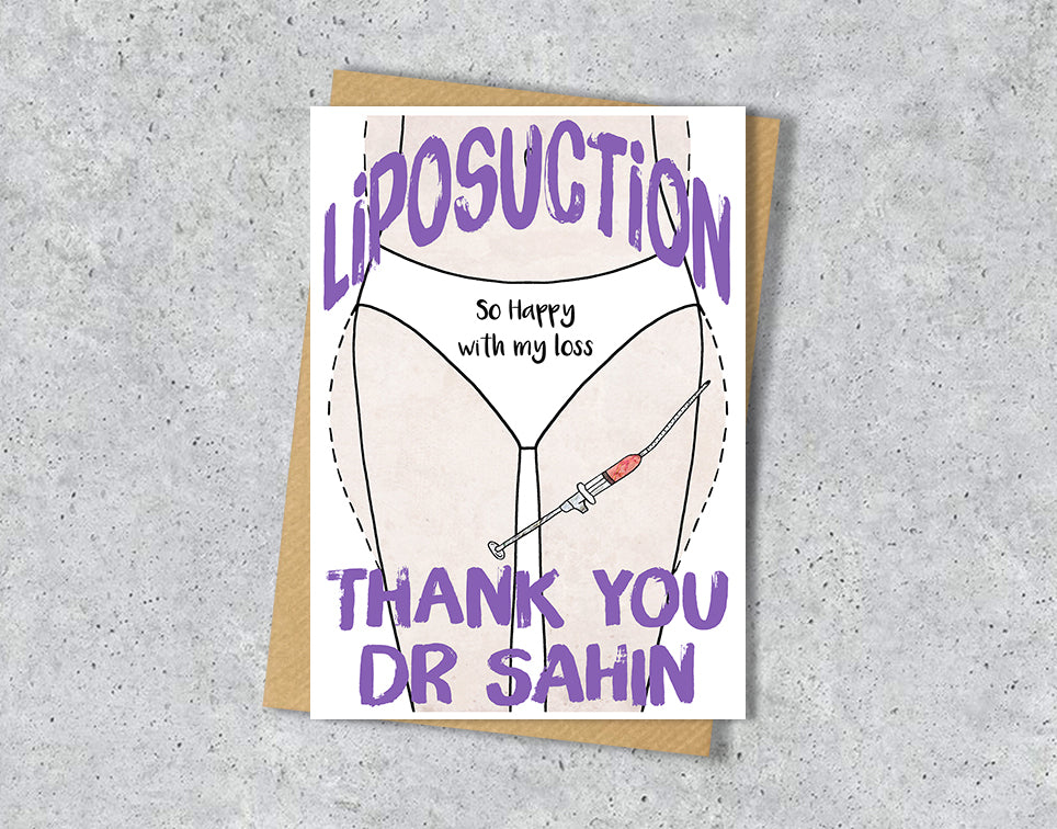 Thank you card with a Liposuction illustration saying "So happy with my loss" with personalised text.