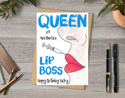 Birthday card with 'Queen of Aesthetics Lip Boss' design with personalised text.
