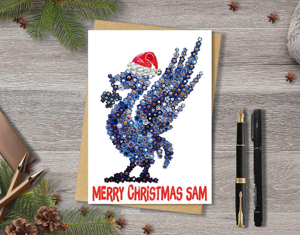 Personalised Denim Liver Bird Christmas A5 Card, Xmas Gift Card