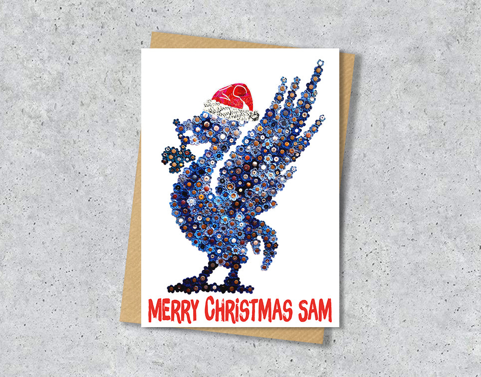 Personalised Denim Liver Bird Christmas A5 Card, Xmas Gift Card