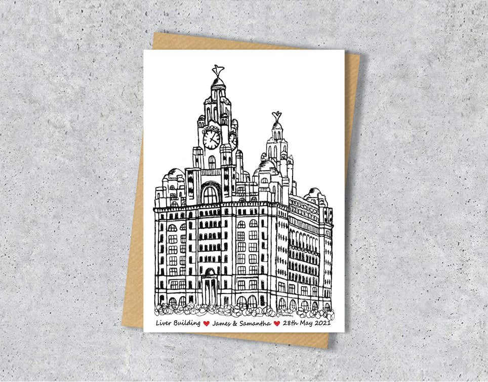 Wedding / Anniversary card with a black and white textile illustration of Royal Liver Building Liverpool  with personalised text.