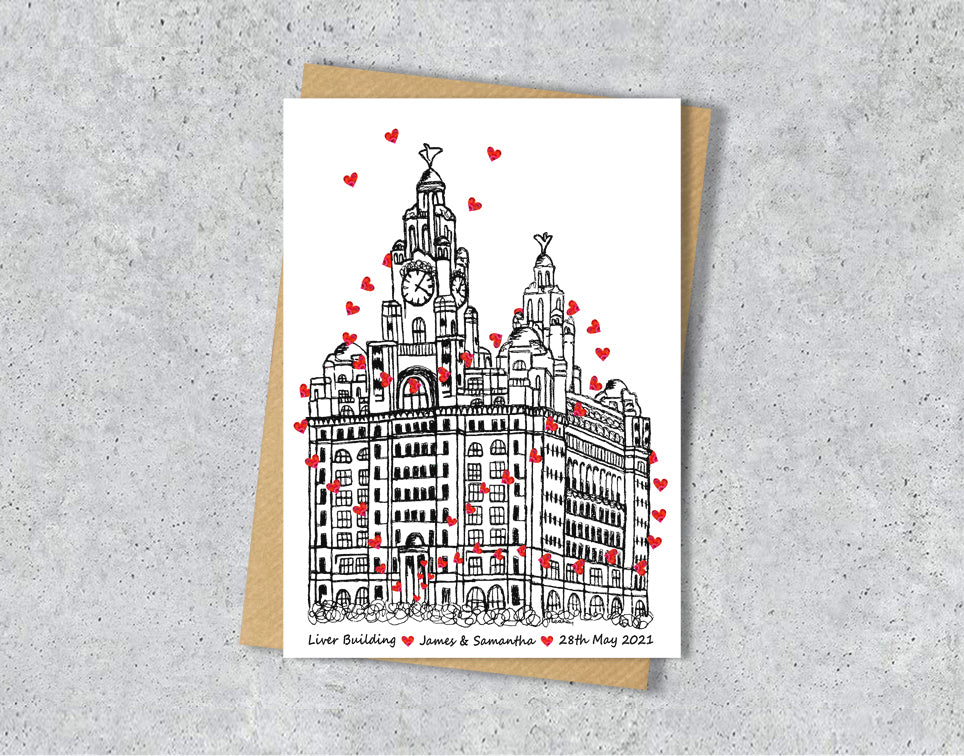 Wedding / Anniversary card with a black and white textile illustration of Royal Liver Building Liverpool and red hearts with personalised text.