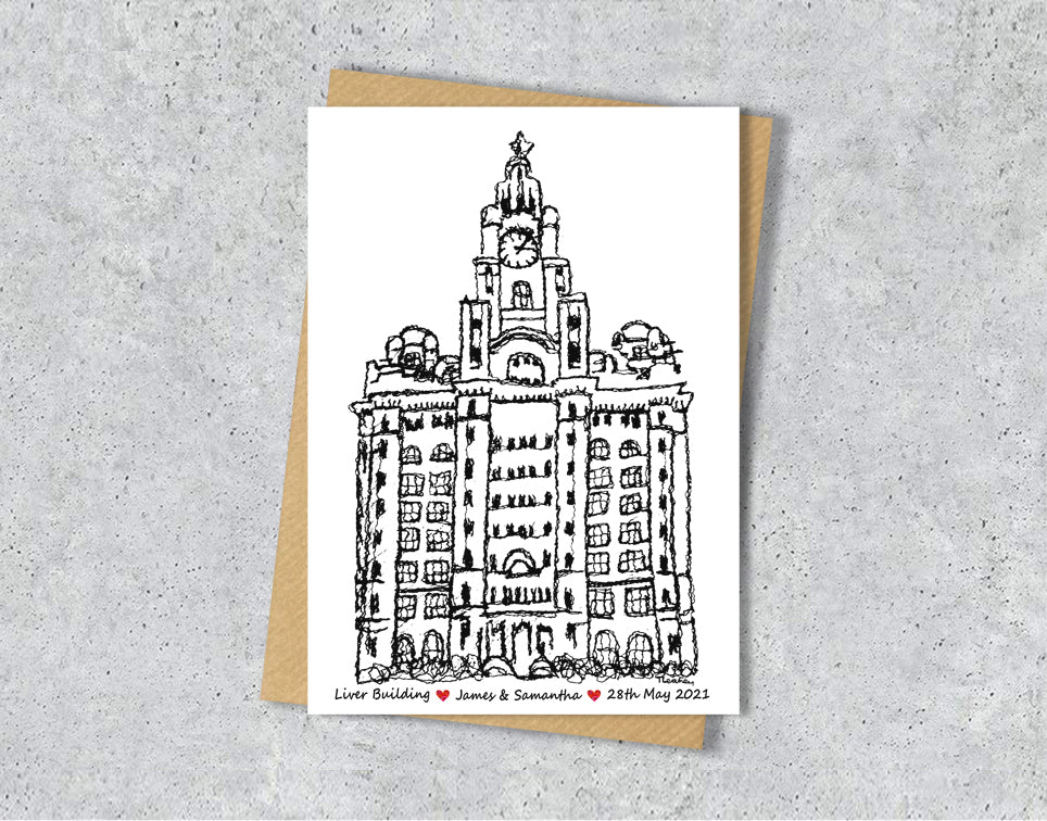 Wedding / Anniversary card with a black and white textile illustration of Liver Building Liverpool with personalised text.