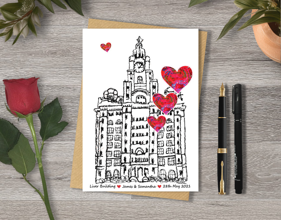 Wedding / Anniversary card with a black and white textile illustration of Liver Building Liverpool and red hearts with personalised text.