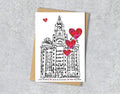 Wedding / Anniversary card with a black and white textile illustration of Liver Building Liverpool and red hearts with personalised text.