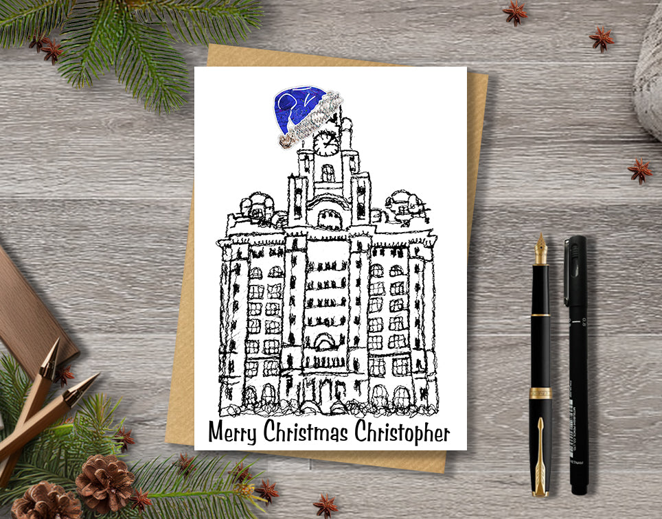 Personalised Everton Christmas A5 Card - Everton Blue Hat - Liver Building