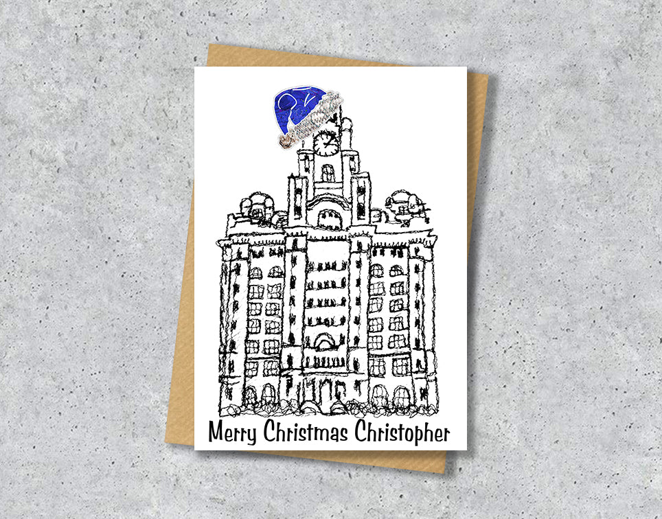 Personalised Everton Christmas A5 Card - Everton Blue Hat - Liver Building