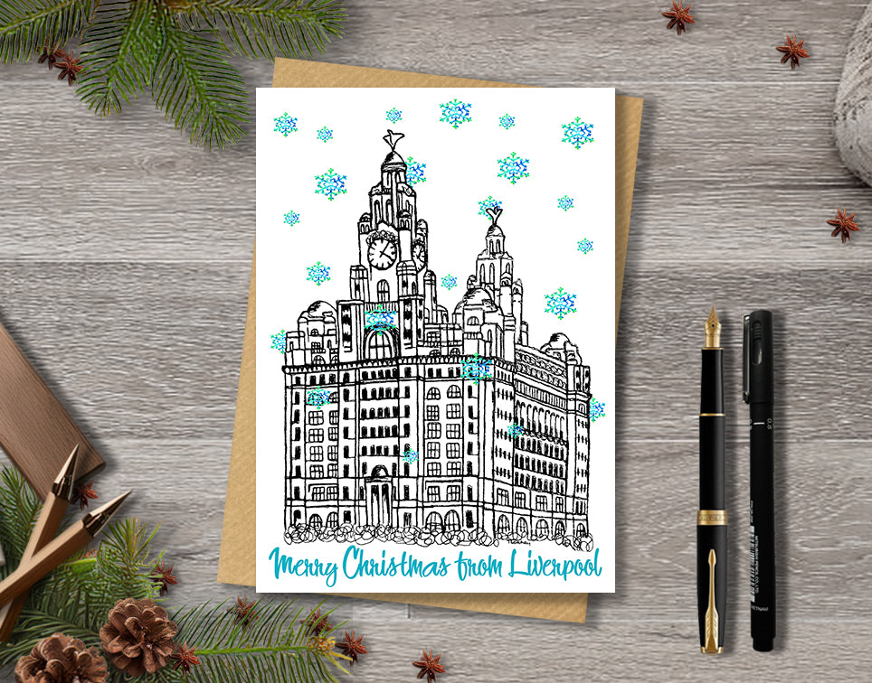 Personalised Liverpool Liver Building Christmas A5 Card