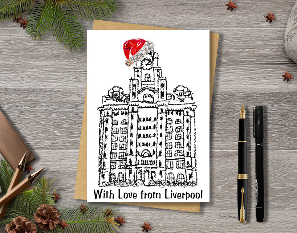 Personalised Liverpool Christmas A5 Card - Liver building - Red Hat