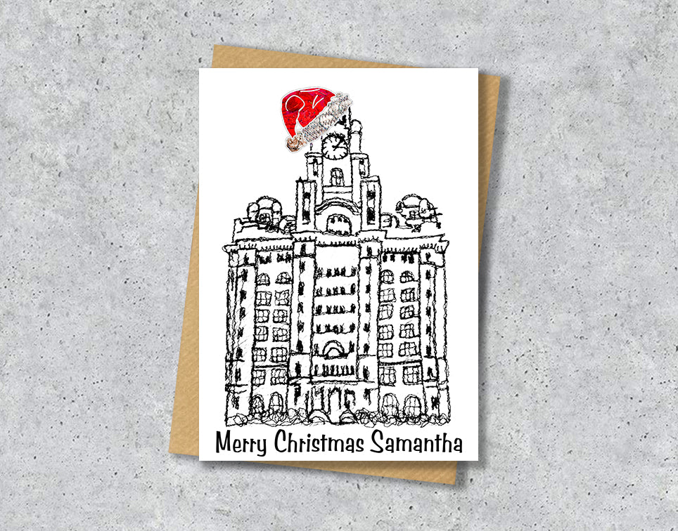 Personalised Liverpool Christmas A5 Card - Liver building - Red Hat
