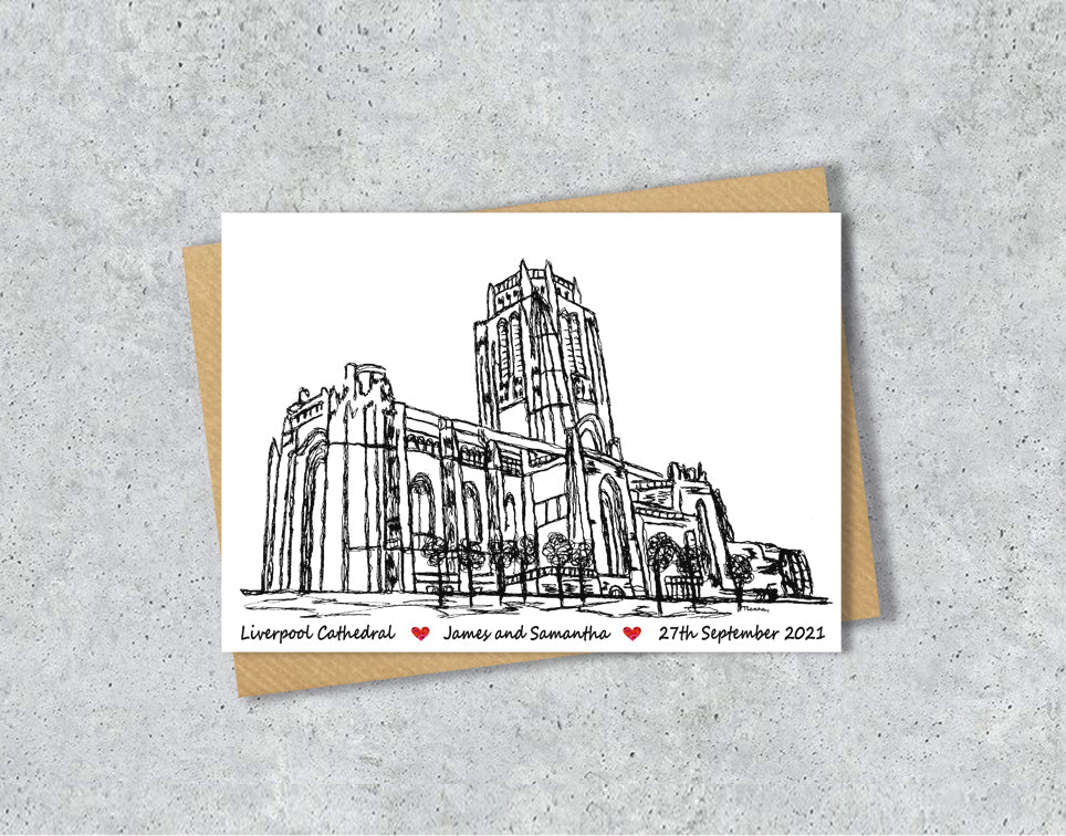 Wedding / Anniversary card with a black and white textile illustration of  Liverpool Anglican Cathedral with personalised text.