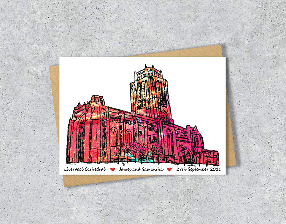 Wedding / Anniversary card with a textile illustration of  Liverpool Anglican Cathedral with personalised text.