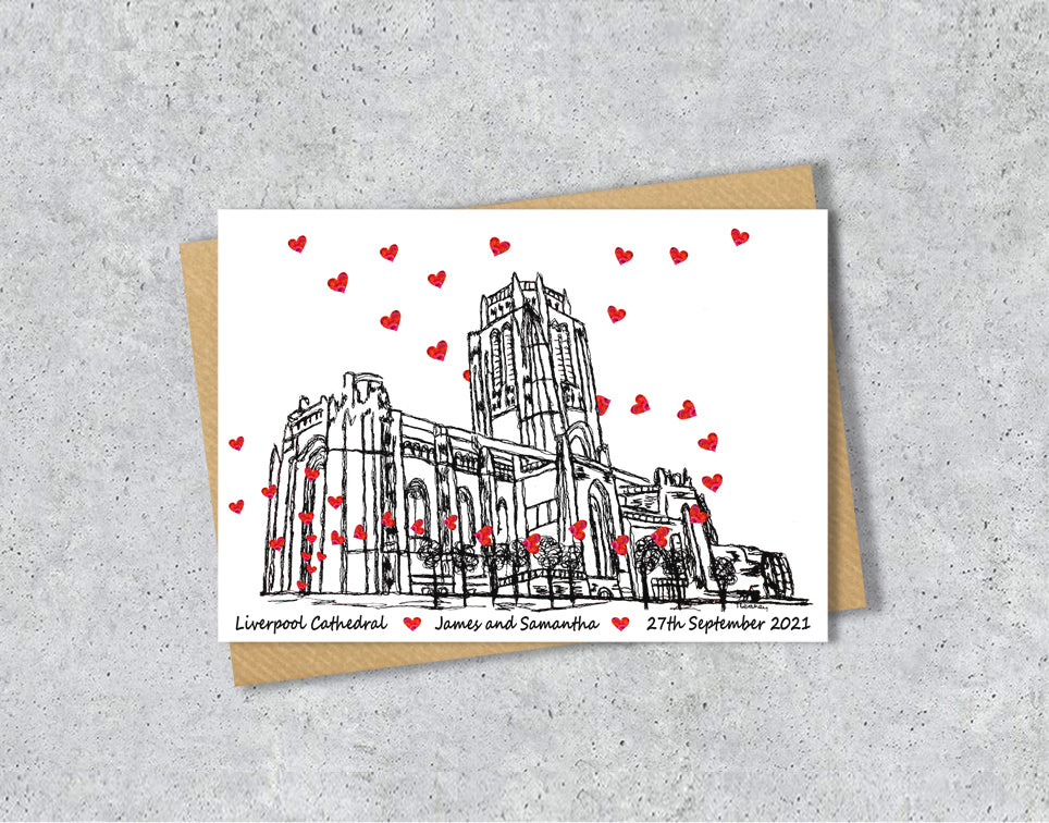 Wedding / Anniversary card with a black and white textile illustration of  Liverpool Anglican Cathedral and red hearts with personalised text.