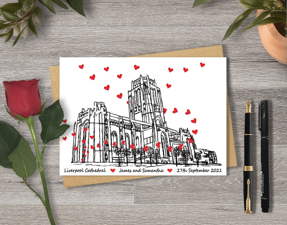 Wedding / Anniversary card with a black and white textile illustration of  Liverpool Anglican Cathedral and red hearts with personalised text.