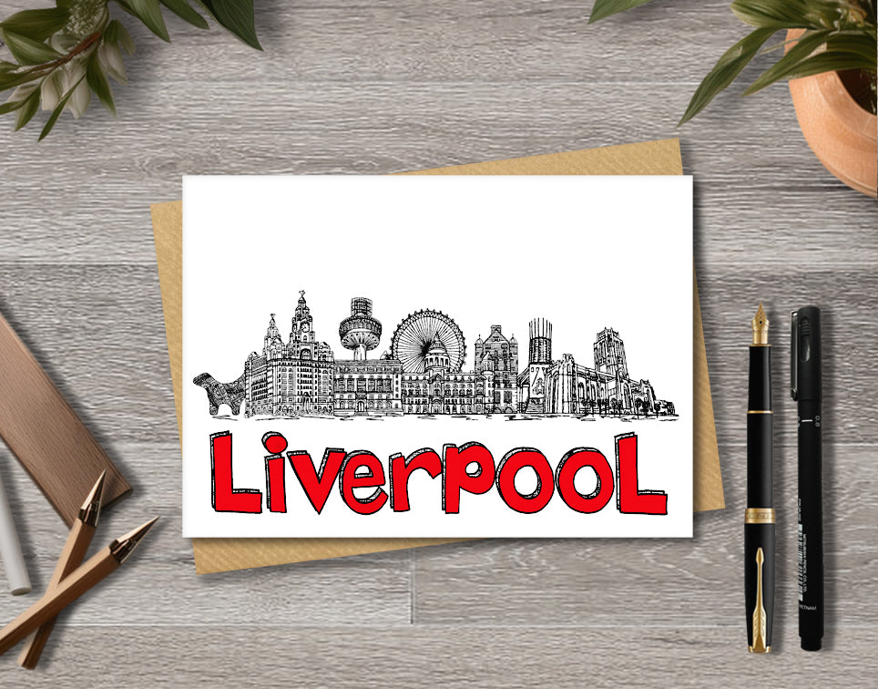 Liverpool Skyline, Black, White and Red A6 Card
