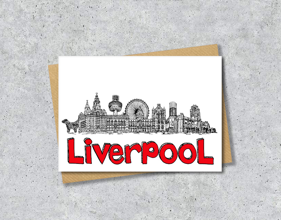 Liverpool Skyline, Black, White and Red A6 Card