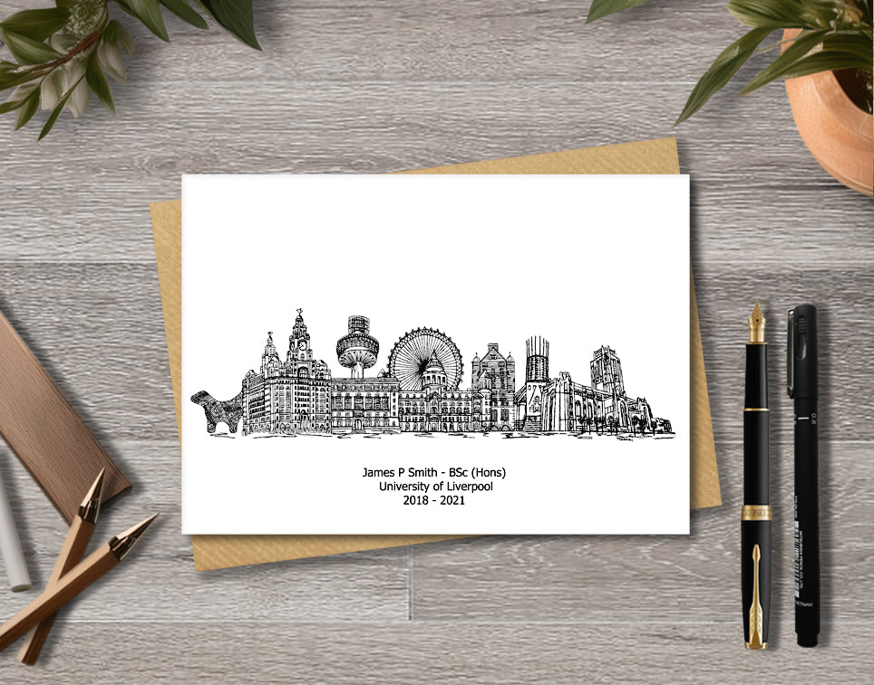 Liverpool Graduation Card, Personalised A6 Black and White Housewarming Card