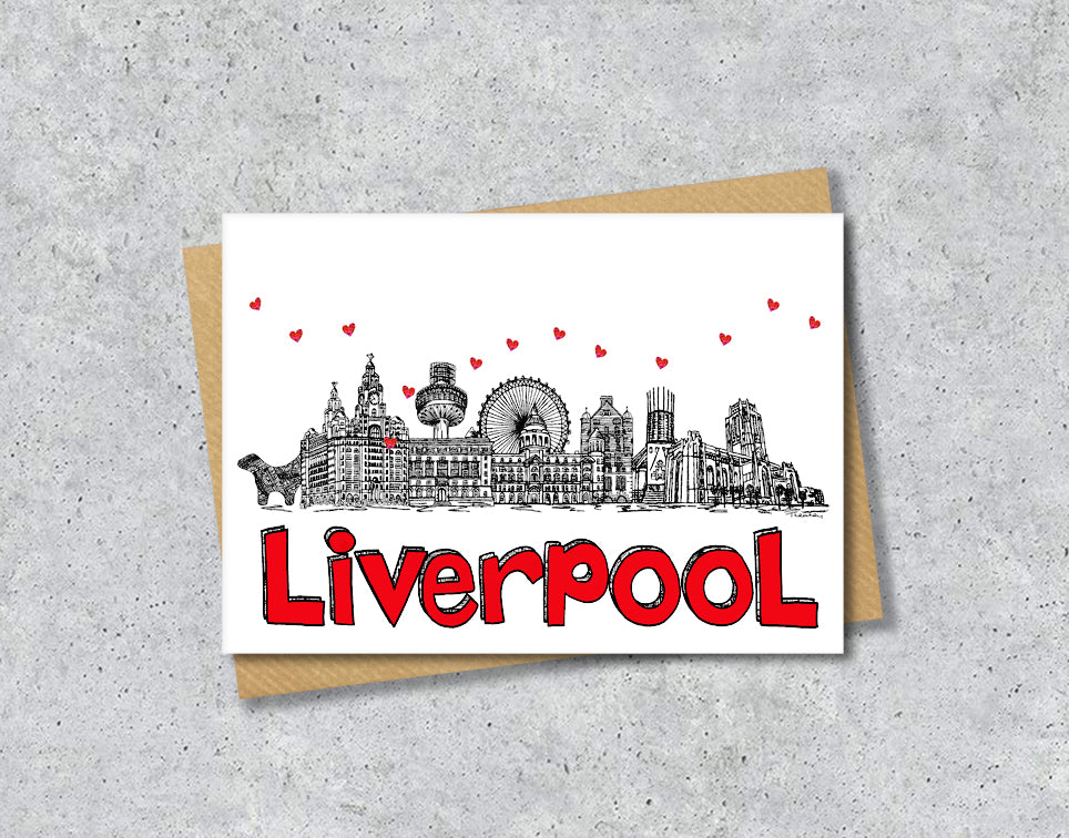 Liverpool Skyline, Black, White and Red A6 Card