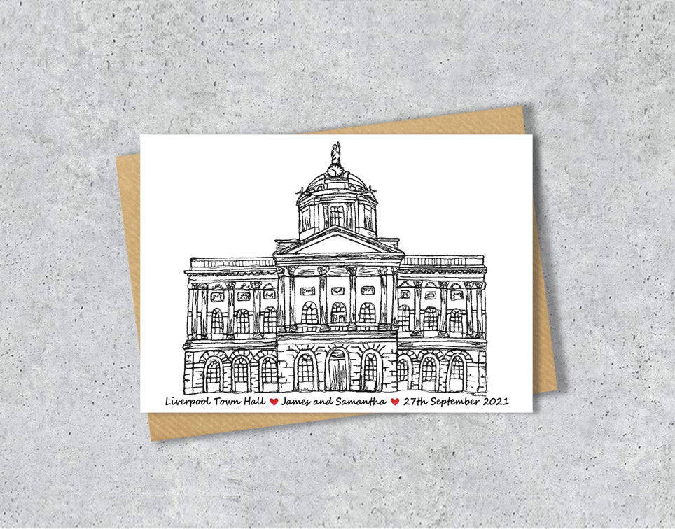 Wedding / Anniversary card with a black and white textile illustration of Town Hall Liverpool with personalised text.