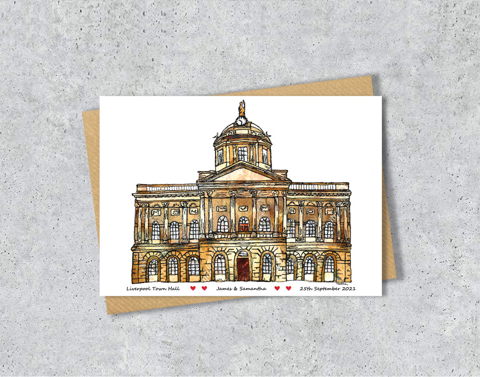 Wedding / Anniversary card with a textile illustration of Town Hall Liverpool with personalised text.