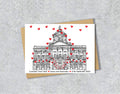 Wedding / Anniversary card with a black and white textile illustration of Town Hall Liverpool and red hearts with personalised text.