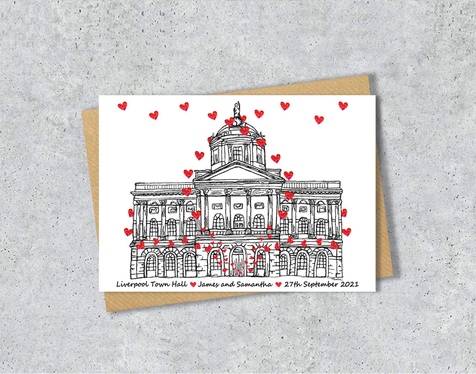 Wedding / Anniversary card with a black and white textile illustration of Town Hall Liverpool and red hearts with personalised text.