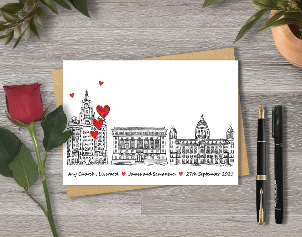 Wedding / Anniversary card with a black and white textile illustration of Three Graces Liverpool and red hearts with personalised text.