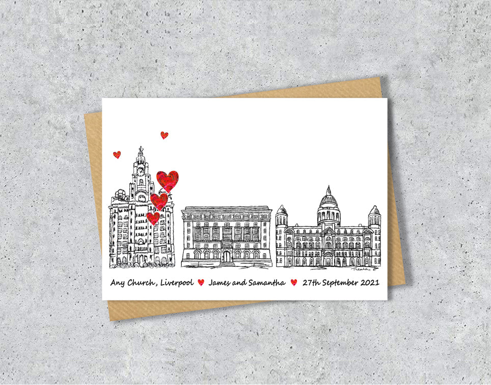 Wedding / Anniversary card with a black and white textile illustration of Three Graces Liverpool and red hearts with personalised text.