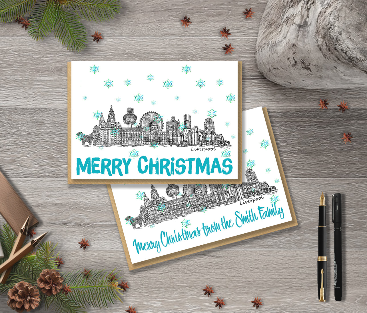 Liverpool Skyline Christmas Card, A5 Personalised Xmas Family Card