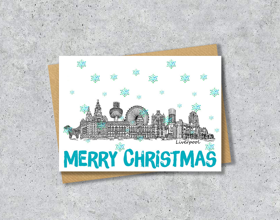 Liverpool Skyline Christmas Card, A5 Personalised Xmas Family Card