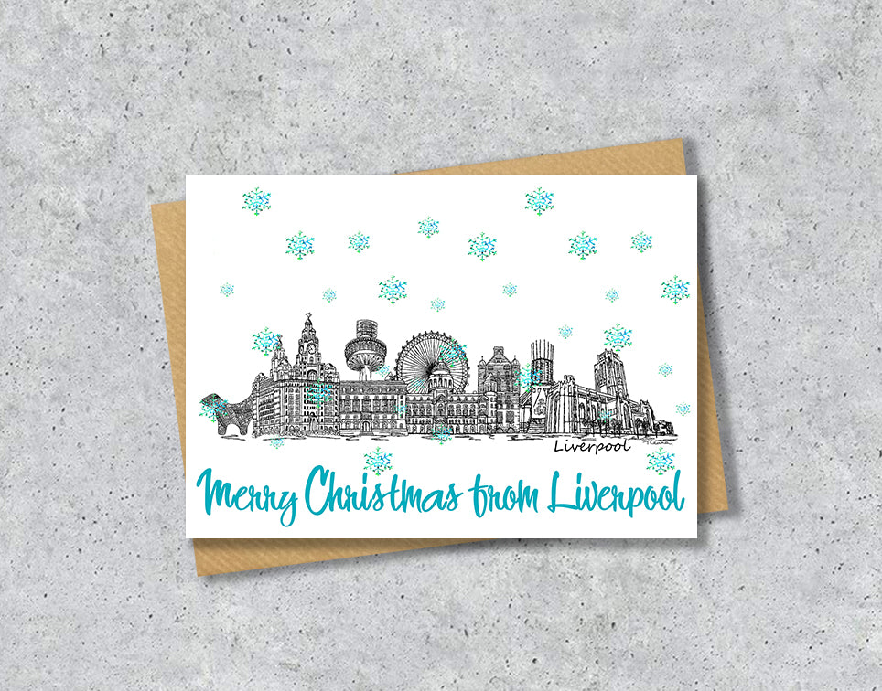 Liverpool Skyline Christmas Card, A5 Personalised Xmas Family Card