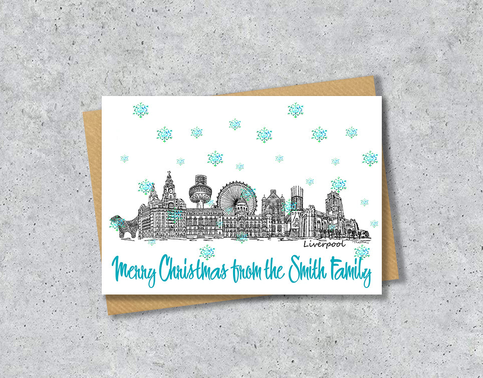 Liverpool Skyline Christmas Card, A5 Personalised Xmas Family Card