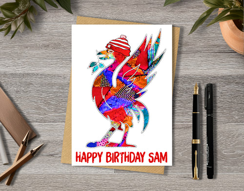 Birthday card with Liverpool Liver Bird with bobble hat illustration with personalised text.